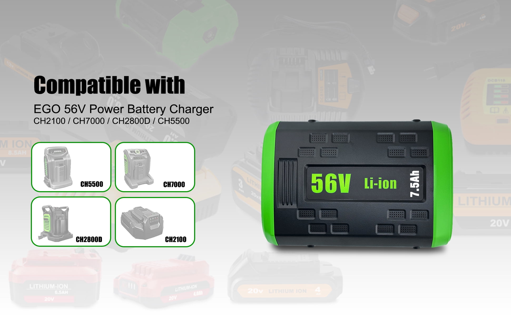 BA4200T 56V 7.5Ah Battery Replacement for EGO 56V Lithium Battery Compatible with EGO 56V Power 5.0Ah BA2800 BA2800T Battery Green