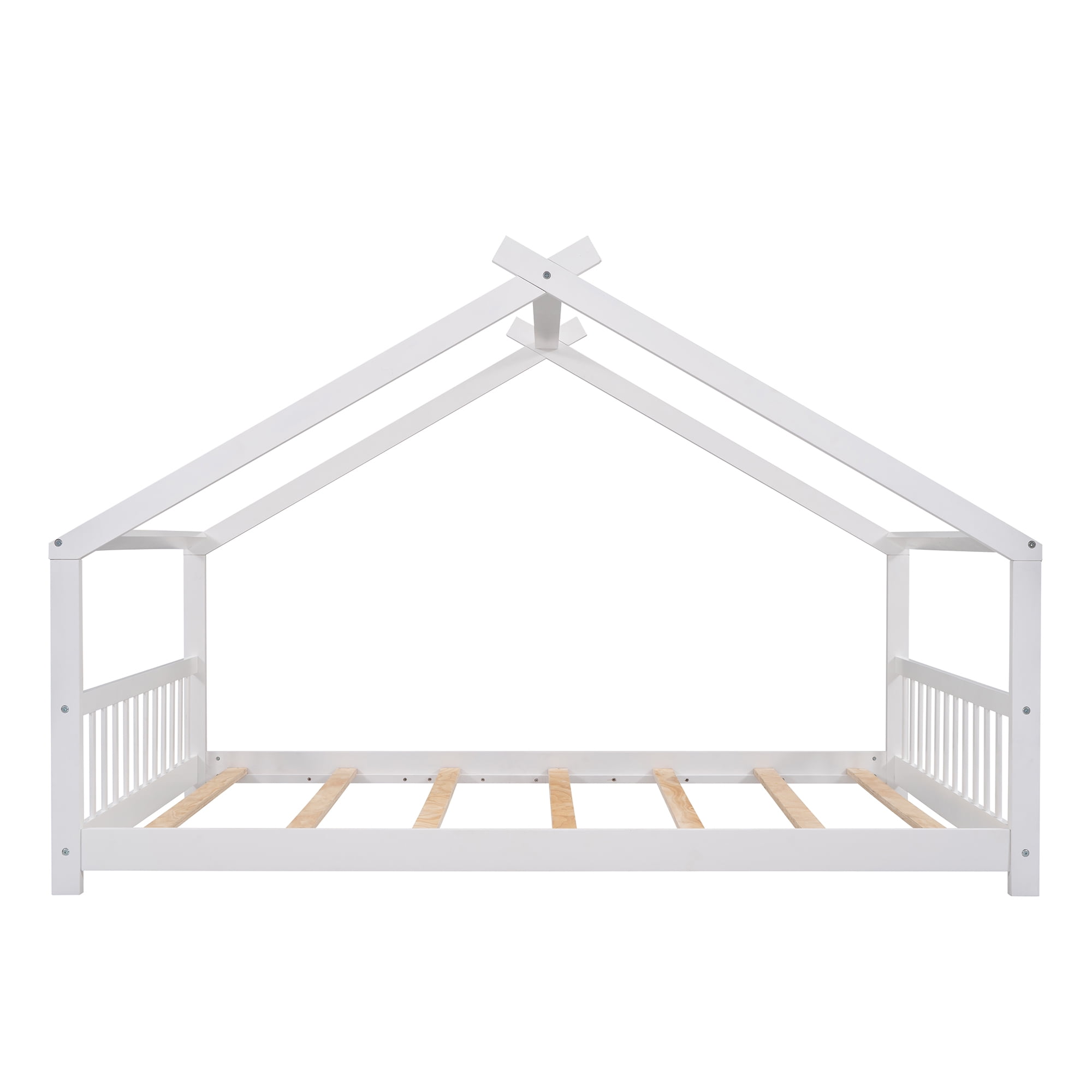Full Size House Bed, Montessori Style Floor Bed Frame, Wood Fun Playhouse Twin Bed with Headboard and Footboard for Teens（White)