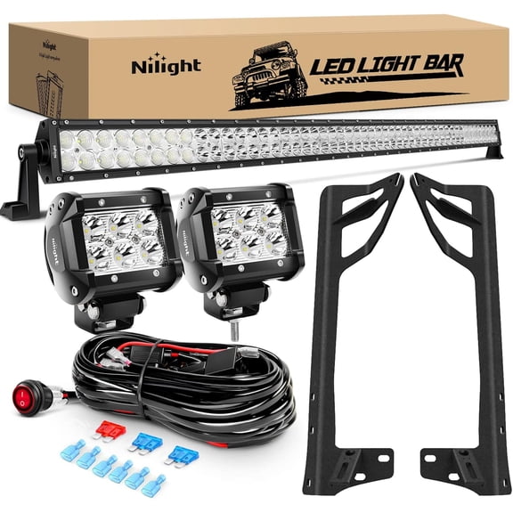 Nilight 52Inch Led Light Bar Spot Flood 2Pcs 18W 4Inch Spot LED Pods Windshield Frame Mounting Bracket on Wrangler JK 2007-2017 with Off Road Wiring Harness- 3 Leads
