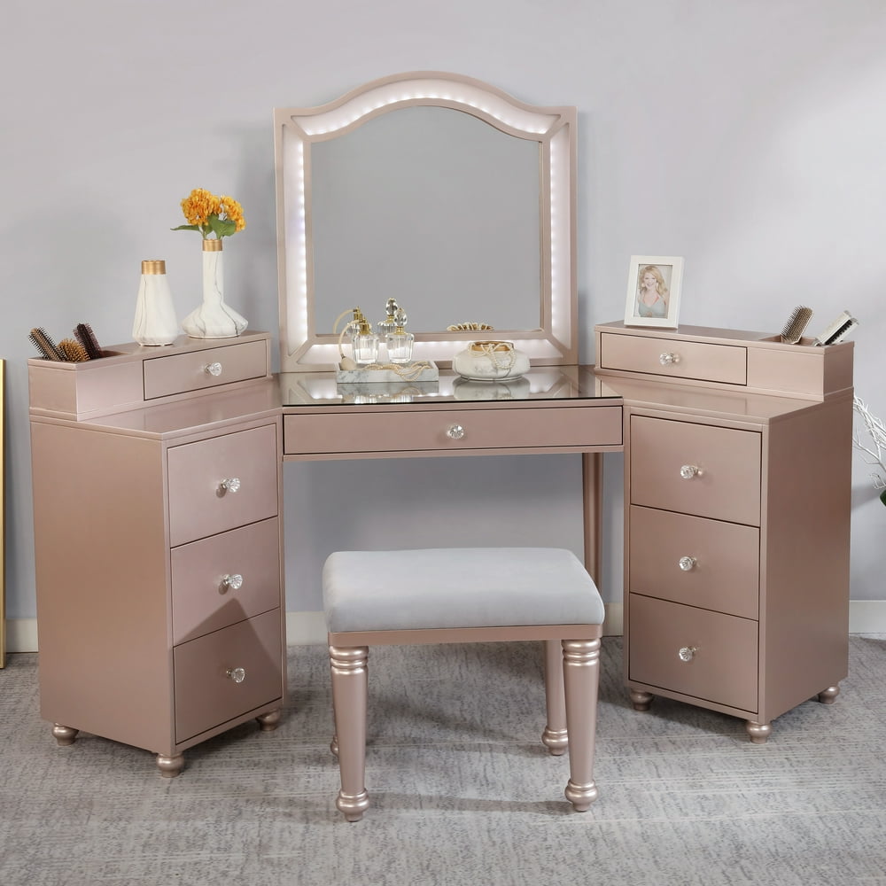 Furniture of America Urman Transitional LED 3Piece Vanity Set, Rose