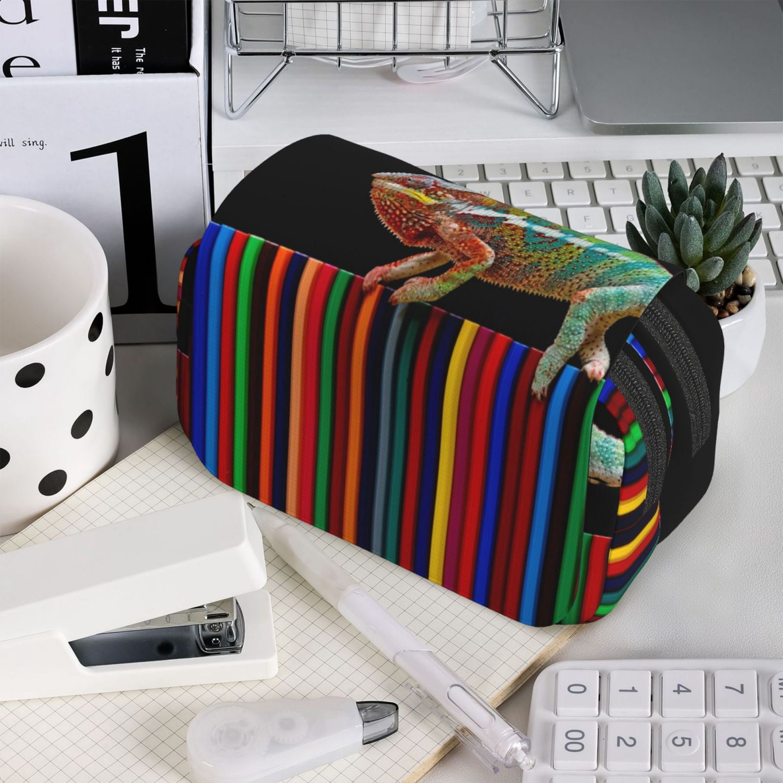 Kdxio Chameleon Panther On Colored Pencils for Double Compartment Pen Case Oxford Organizer with Zipper Pockets for Students Artists