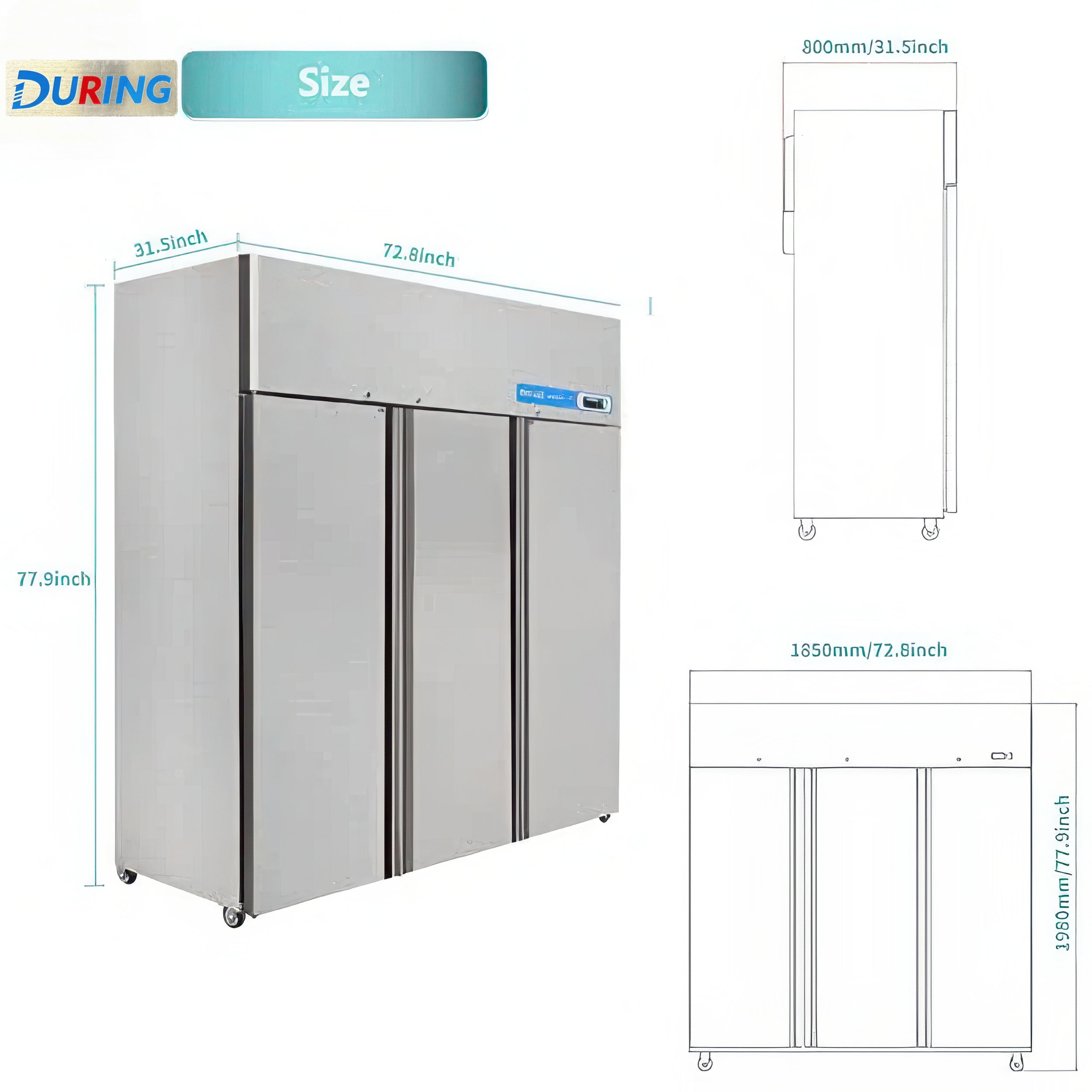 DURING D-K-72R 72" Stainless Steel 3-Door 54 Cu ft Solid Commercial Reach-In Refrigerator