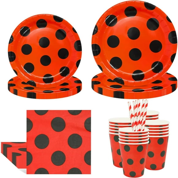 missunny-100 Pcs Ladybug Party Decorations Ladybug Tableware Plates Napkins Cups Straw Red and Black Tableware Ladybug Dinnerware Ladybug Birthday Decorations Red and Black Birthday Decorations