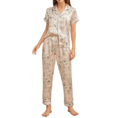 

Women s Floral Short Sleeve Button Front Top With Pants Satin 2 Pieces PJ Set
