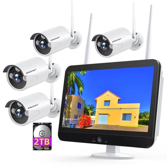 3MP Wireless Security Camera System with 12'' Monitor 2TB Hard Drive,SMONET 8CH WiFi Home Surveillance NVR Kits,4PCS 3MP Outdoor Indoor CCTV IP Cameras,Clearer Than 1080P,Night Vision,Free App P2P