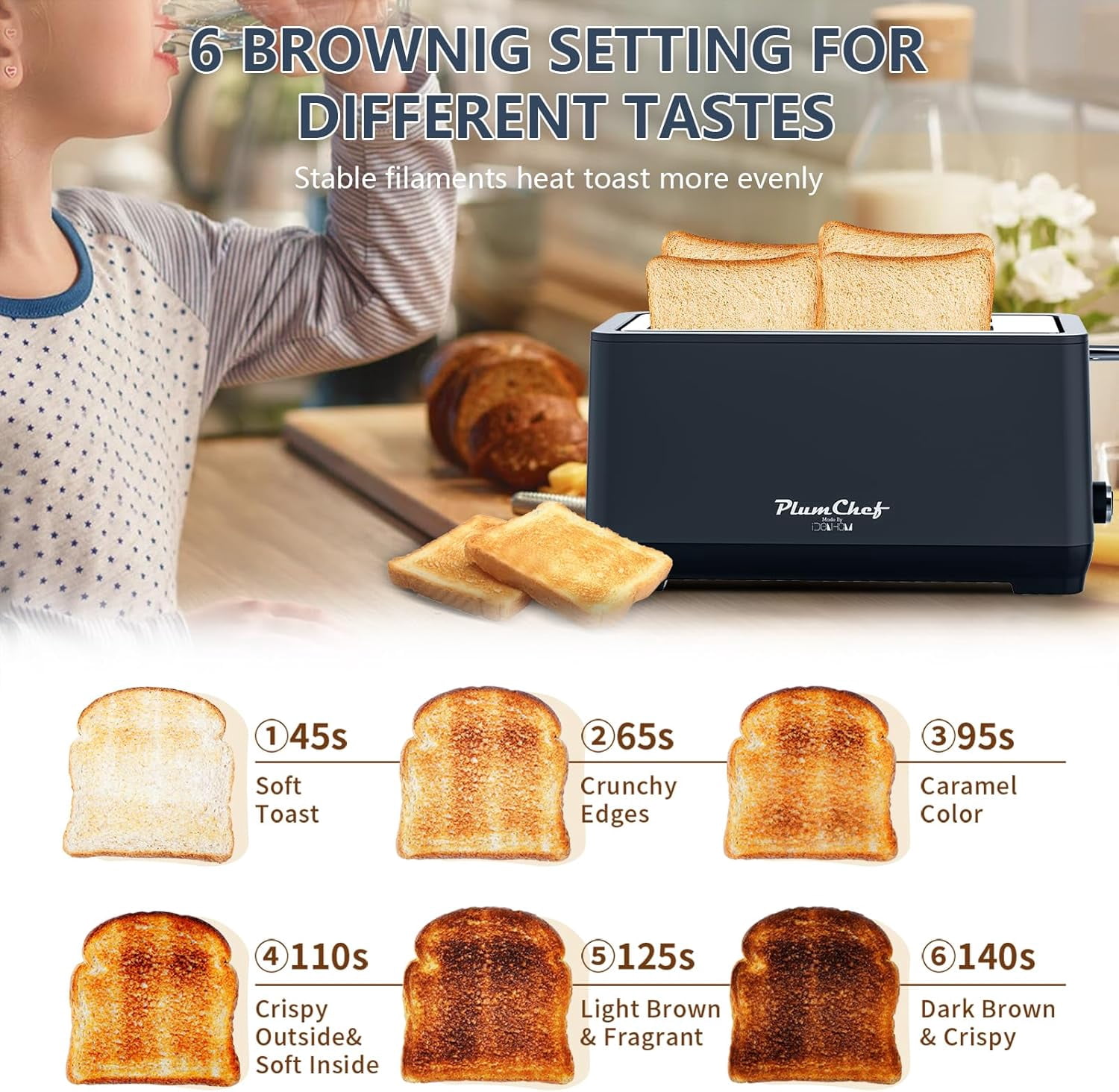 4-Slice Toaster, Extra Wide Long Slot Toaster,  Removable Crumb Tray, 6 Browning Settings, Bagel/Defrost/Reheat Functions,Stainless Steel Housing 1350W, Matte Blue