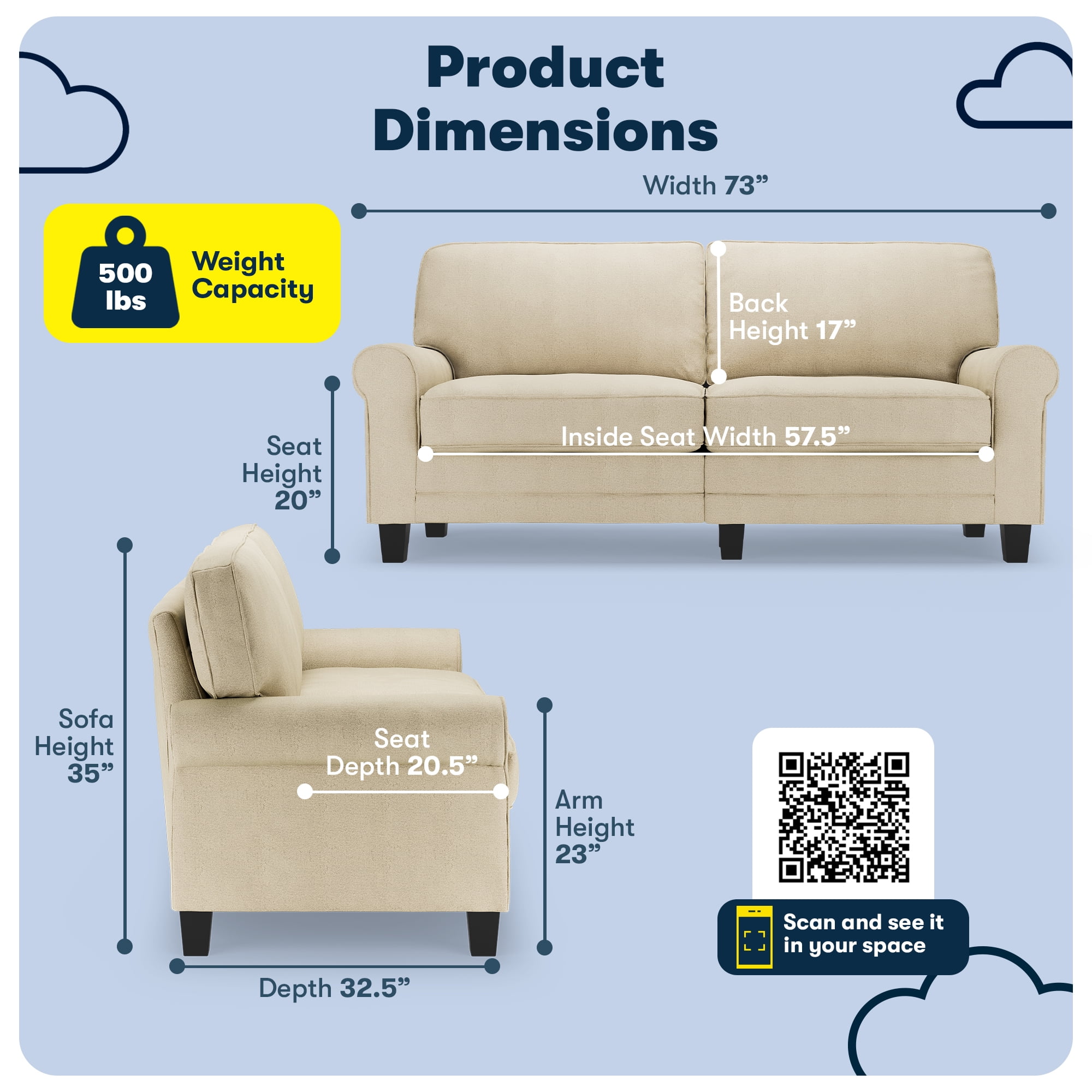 Serta Copenhagen 73" Rolled Arm Sofa, Easy Care Polyester, Loveseat or Couch for Small Spaces, Buttercream