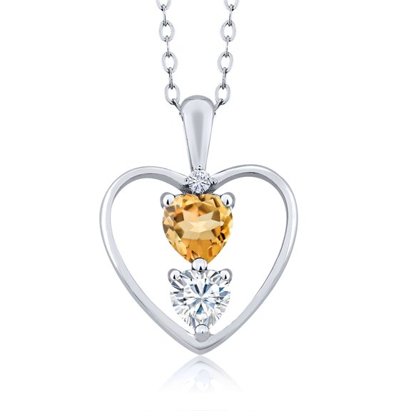 Gem Stone King 925 Sterling Silver Yellow Citrine Pendant Necklace for Women (0.70 Cttw, Gemstone November Birthstone, Heart 5MM and 4MM, with 18 inch Silver Chain)