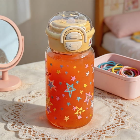 Star Pattern Plastic Water Bottle, Clear Reusable Drink Container with Flip-Top Lid and Straw, Leak-Proof for School Office Travel