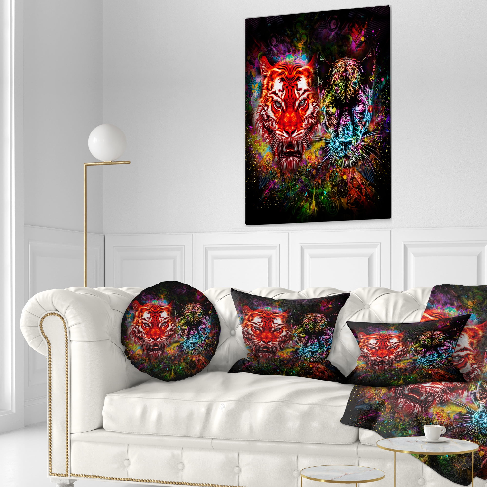 Designart Tiger and Panther with Splashes - Animal Throw Pillow - 12x20