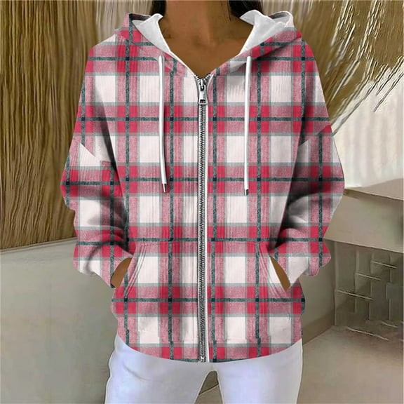 Women Fleece Lined Plaid Hooded Jackets Casual Long Sleeve Sweatshirt Full Zip Winter Warm Fuzzy Coat New Lightweight Jacket Women Athletic Red M