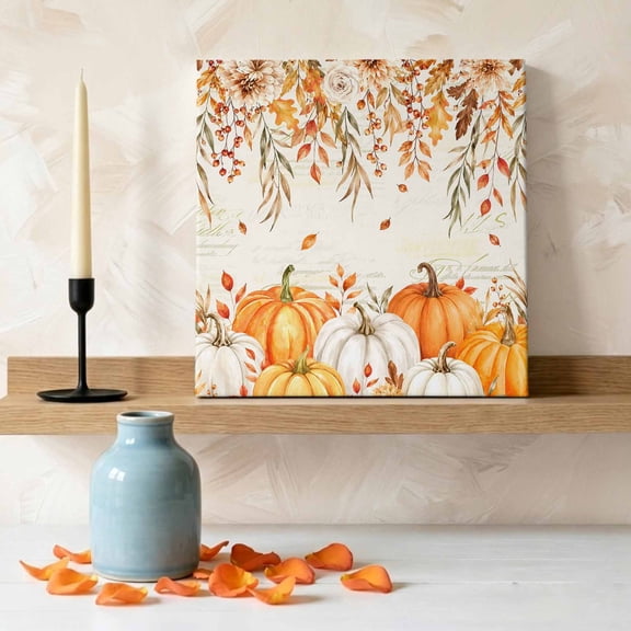 Thanksgiving Farm Fall Pumpkin Canvas Wall Art, Framed Wall Art Waterproof Canvas Prints Paintings 8"x8", Rustic Leaves Flower Berry Oil Painting for Bedroom Living Room Bathroom Home Decor
