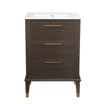 Hugo 24 in. Brown Oak Bathroom Vanity With White, 3-Hole Ceramic Sink Top