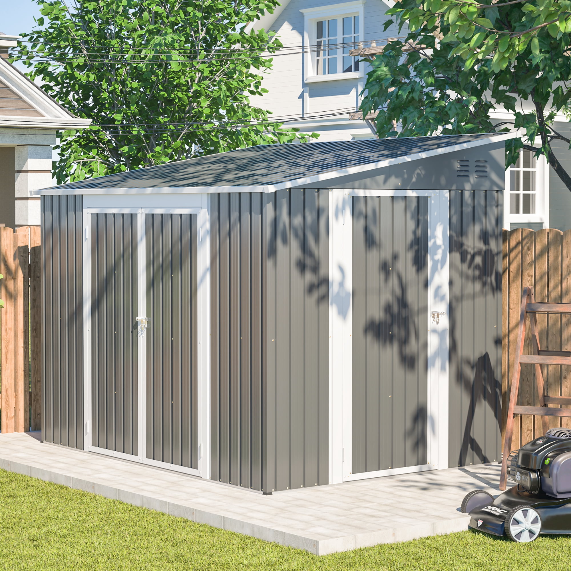 LZBEITEM 8x6 ft Outdoor Metal Storage Shed, Lean-to Design, Lockable Garden Tool Shed with Side Wall Entry Door, Gray, Galvanized Floor Frame
