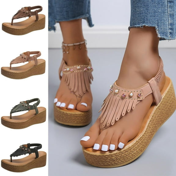 Women’s Open Toe Wedge Platform Sandals Elastic Strap Espadrille Wedges Summer Sandals Casual Beach Thong Sandals