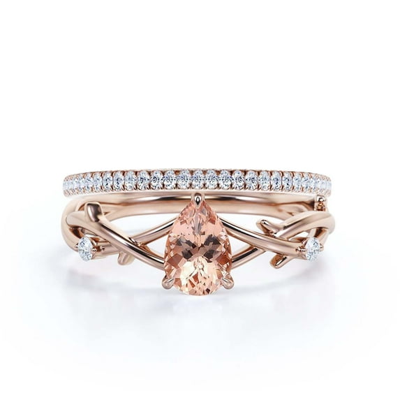 Boho & hippie 1.60 Carat Pear Cut Morganite And Diamond Moissanite Unique Engagement Ring, Wedding Ring, Inspired And Branch Ring in 10k Solid Rose Gold, Gift For Her, Surprise, Bridal Ring Set