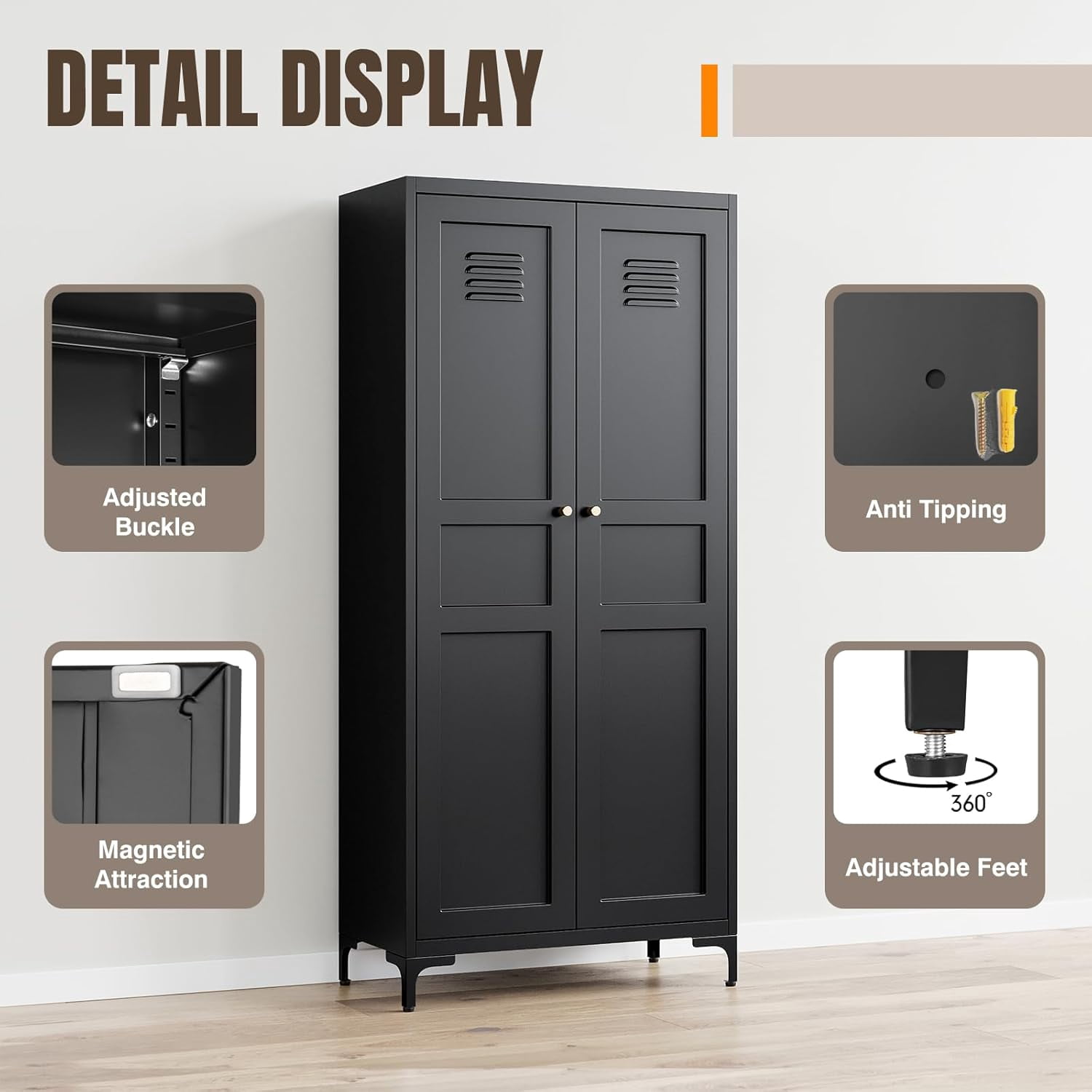 Yizosh Metal Pantry Cabinet,Tall Kitchen Pantry Storage Cabinet with Doors and Adjustable Shelves - 61" Black Cupboard Cabinet for Kitchen, Living Room,Dining Room,Home