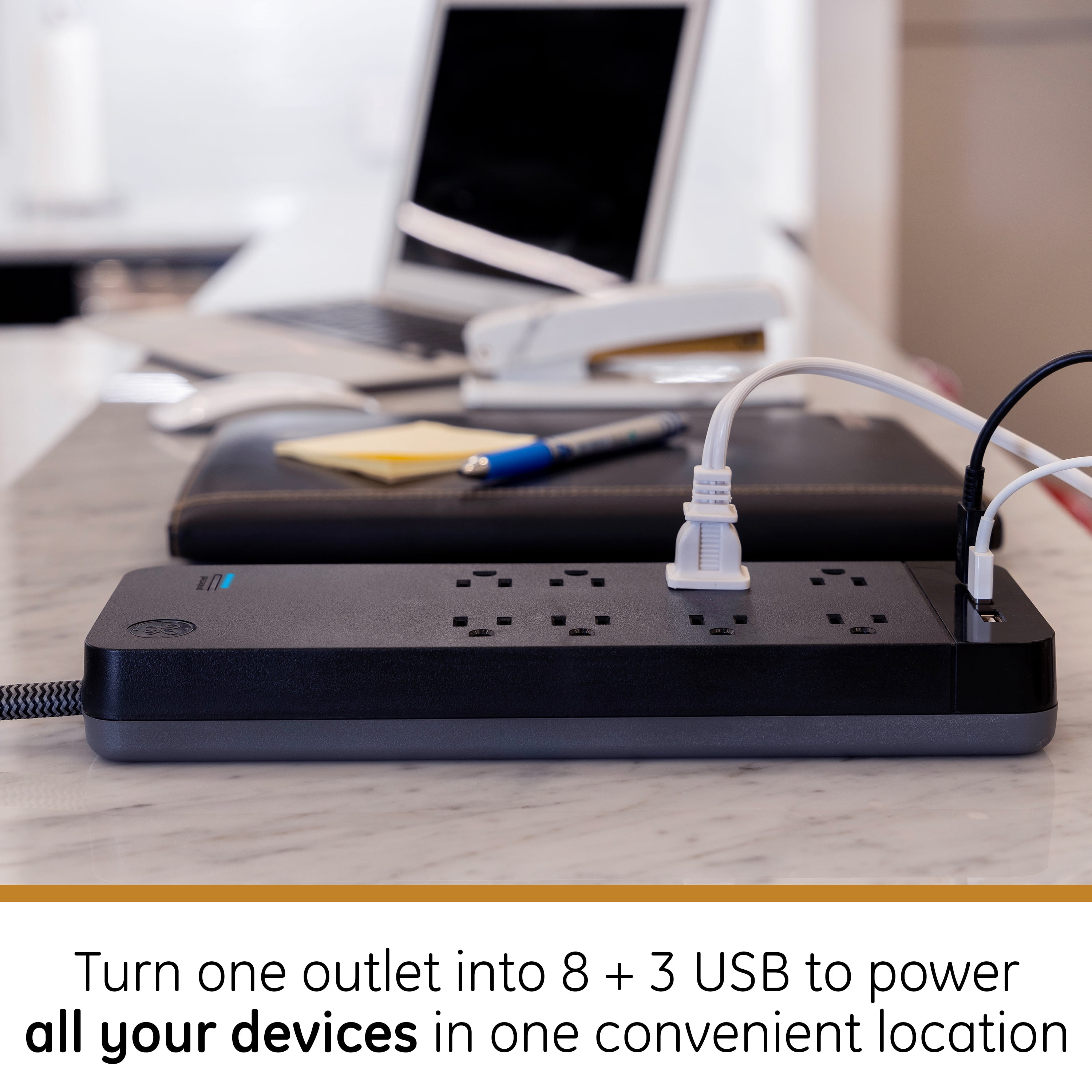 GE 8 Outlet, 2 USB-A, 1 USB C Surge Protector with 6 ft. Designer Braided Extension Cord, Black