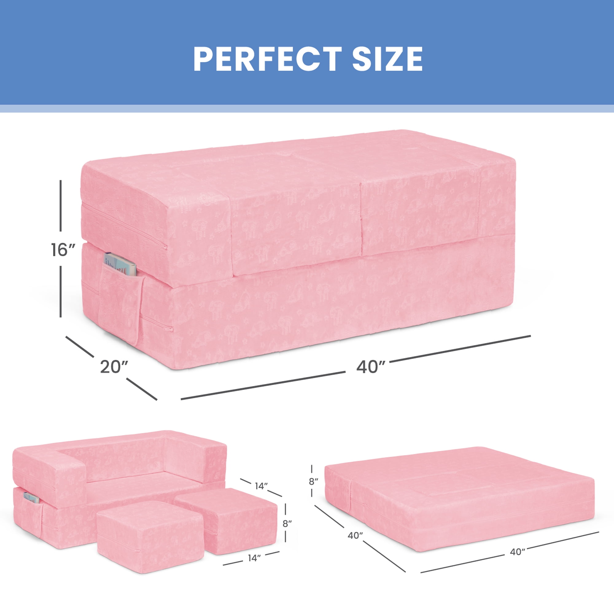 Serta Perfect Sleeper Convertible Sofa and Play Set – Modular Foam Couch and Flip Out Lounger with 2 Ottomans, Pink
