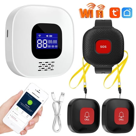 Tigebraver WiFi Caregiver Pager Life Alert System for Seniors, No Monthly Fee App Control Medical Alert System, Waterproof Call Button + Watch Button +2 Receivers (Black)
