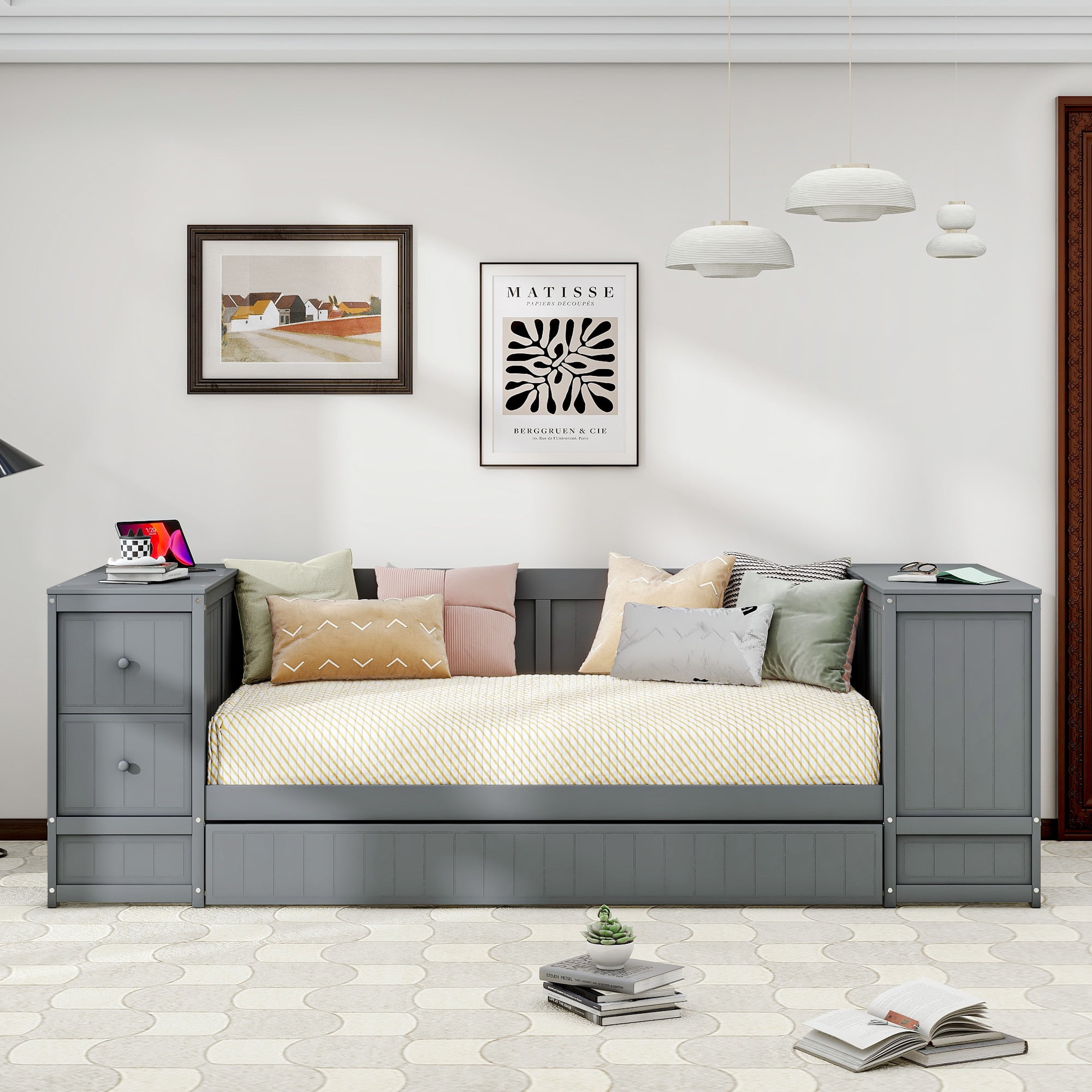 Euroco Wood Twin Size Daybed with Trundle, Storage Cabinets with Shelves and Drawers, Charging Station Sofa Bed, Gray