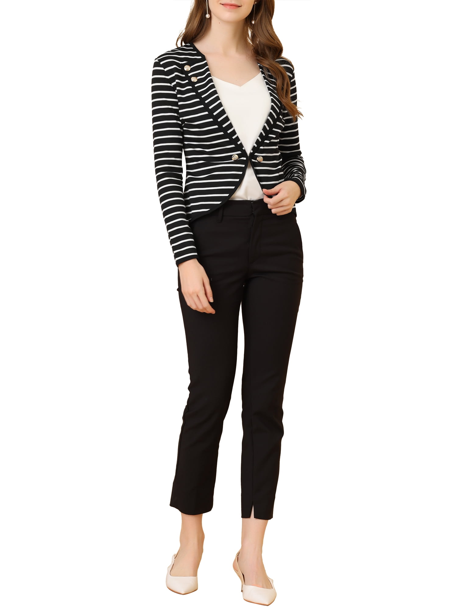 Women's Notched Lapel Button Decor Thin Striped Blazer L Black - image 2