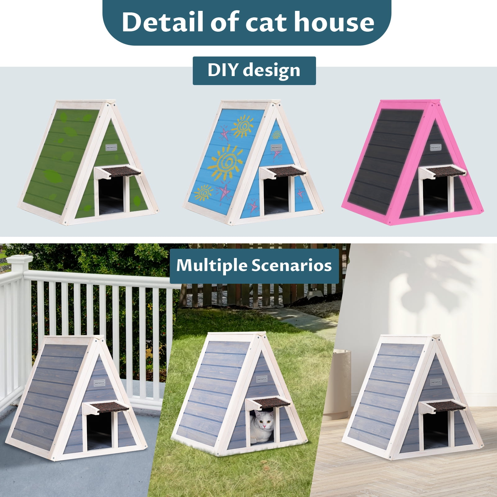 Petsfit Outdoor Cat House Weatherproof, Outside Feral Cat House with Escape Door,Outdoor Indoor Pet House for Small Animal,Solid