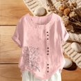 thumbnail image 2 of Levmjia Womens Tops Casual Fashion Floral Print Round Neck Short Sleeve Cotton Linen Button Blouse Shirt Soft Polyester Loose Fit T-Shirt All Season Daily Wear, 2 of 5
