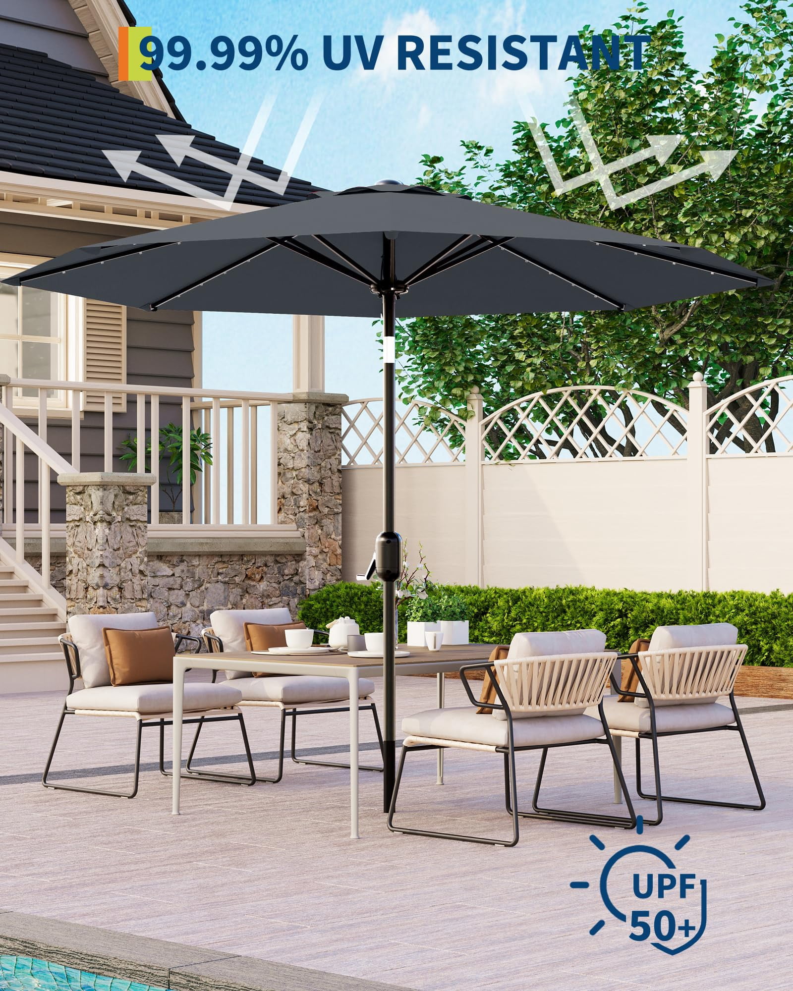 9 Ft Patio Umbrella with Solar Lights, Outdoor Table Umbrella with 32 LED Lights & Tilt Crank, 8 Ribs Market Umbrella for Pool, Deck, Backyard