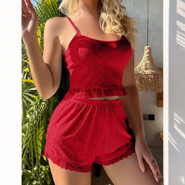 TaTaai Silky Two-Piece Sleep Set, Women's Breathable Hollow Out Pajamas, Soft Suspender Loungewear for Home Wear and Intimate Evening Relaxation Gift