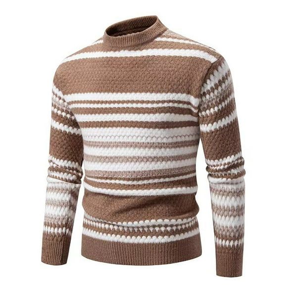ZCFZJW Mens Classic Fit Knit Sweaters Lightweight Casual Striped Color Block Print Long Sleeve Turtleneck Base Pullover Jumper Tops Coffee L
