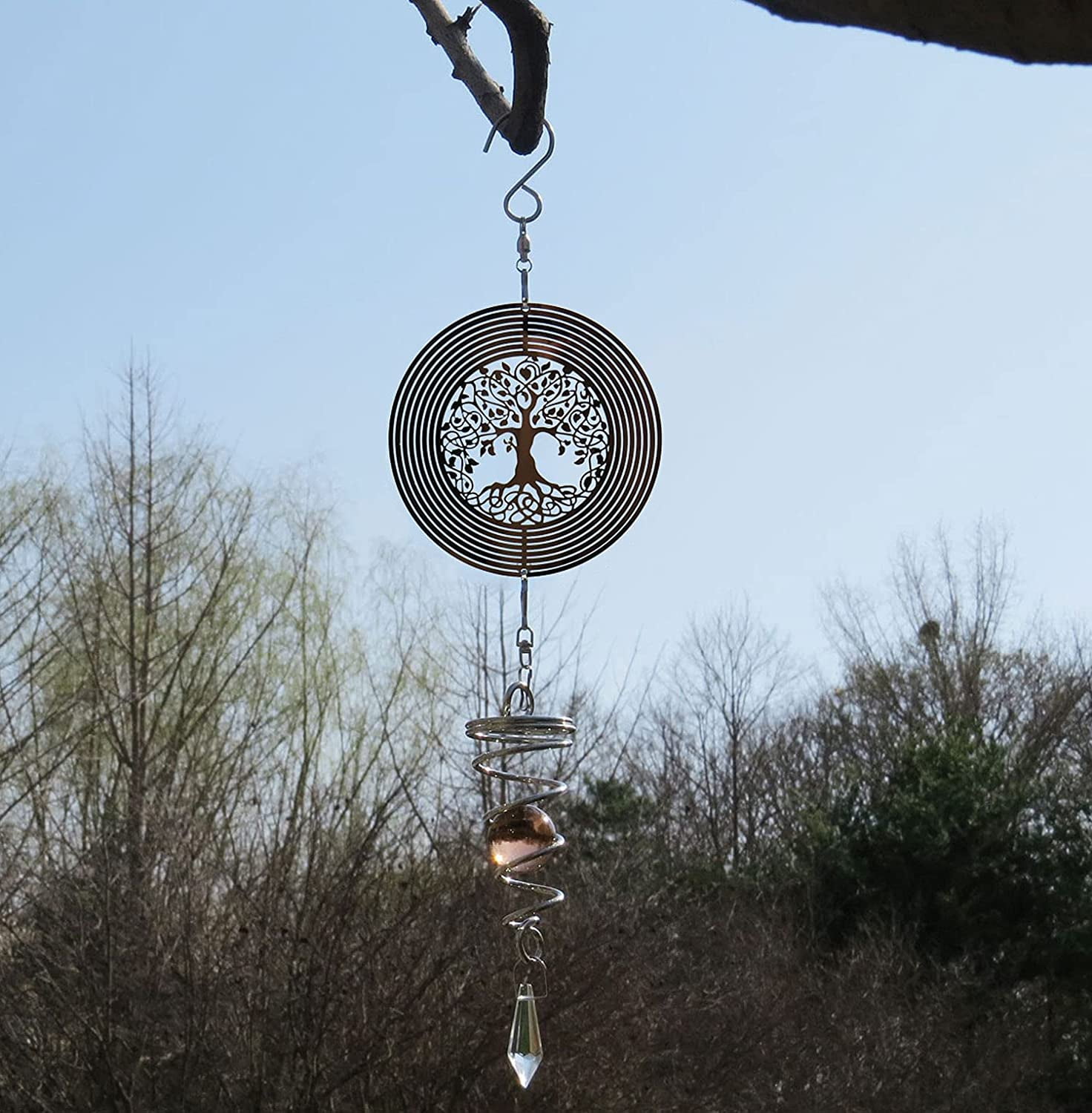 3D Tree of Life Wind Spinner Hanging with Gazing Ball Spiral Tail, 360