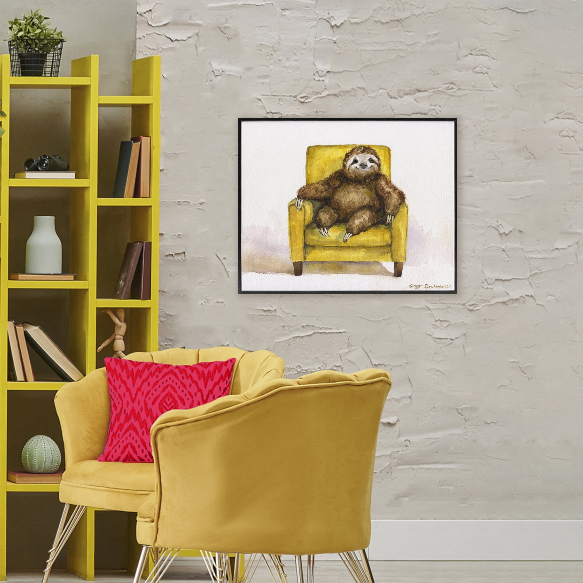 Stupell Industries Happy Sloth Relaxing on Armchair Black Framed Giclee Art, design by George Dyachenko