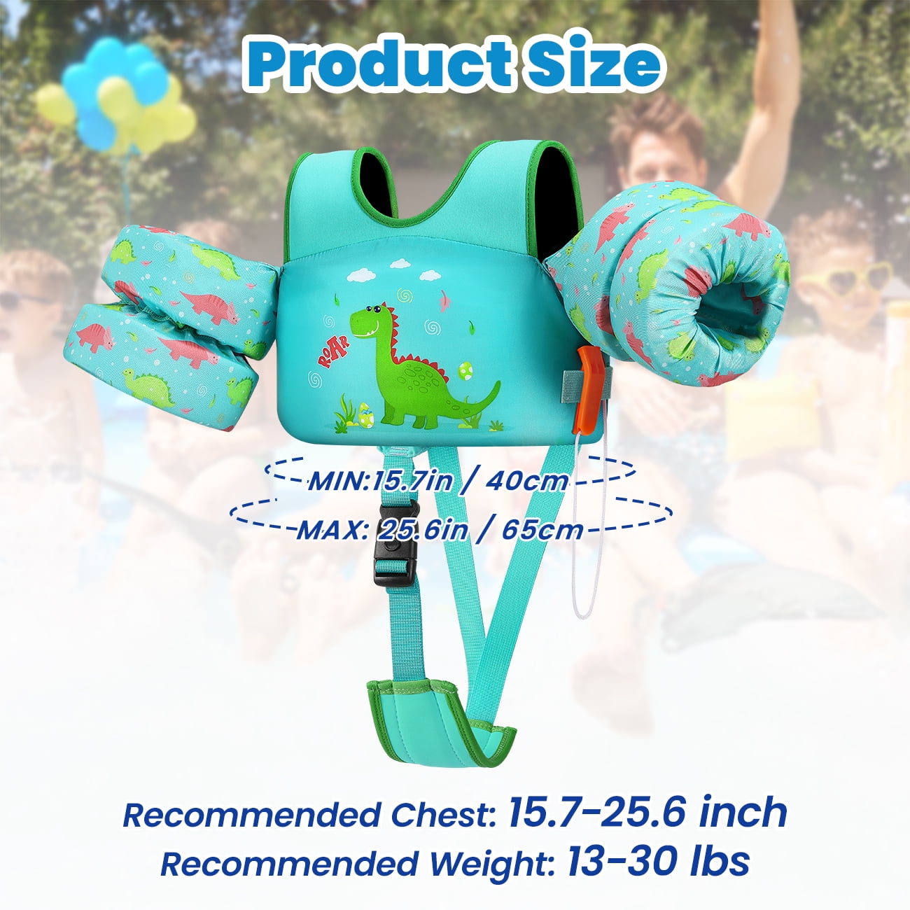 HeySplash Swim Vest For Kids,Arm Floaties with Adjustable Strap Fit 22-30 Lbs Kids,Pool Sea Swimming Aid,Green Dinosaur