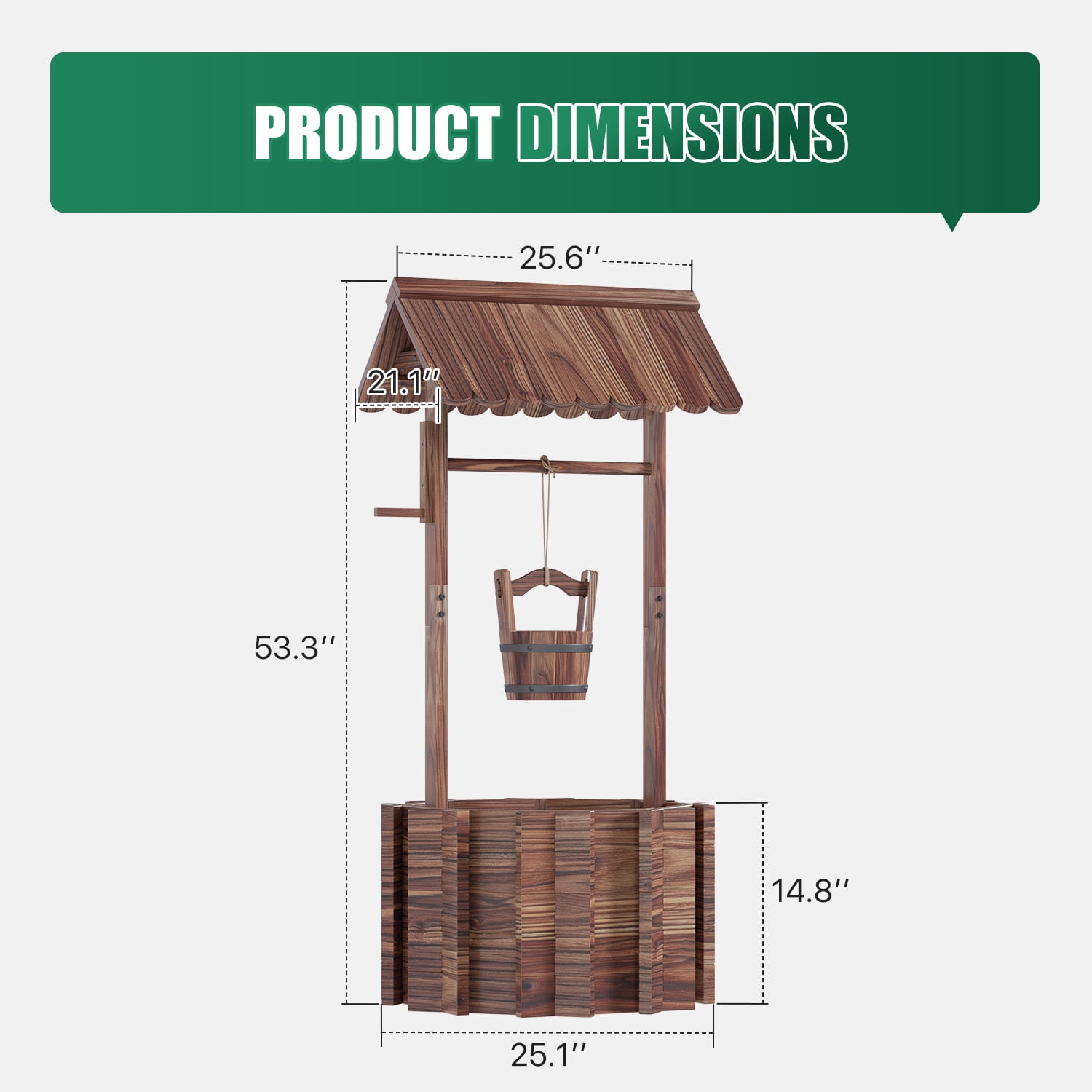 Cloddwell 25" Wooden Wishing Well Planter with Hanging Bucket, Drain Holes, Outdoor Garden Yard Decor Home
