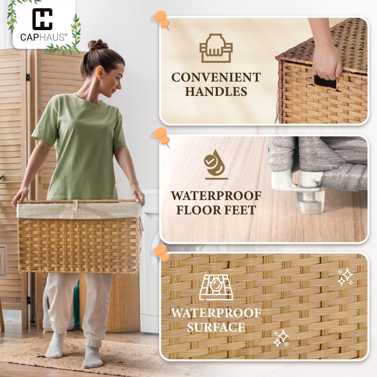 CAPHAUS Handwoven Storage Basket w/ Lid and Handles, 2 Removable Liner Bags, Foldable Clothes Hamper for Laundry, Large Synthetic Rattan Laundry Hamper w/ Lid, Laundry Basket w/ Lid, 65L, Natural