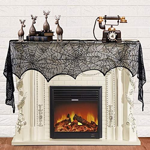 18 by 96 inch 2 Pieces Spiderweb Fireplace Mantle Scarf Lace Halloween Decoration Cover for Halloween Home Party Supply Black