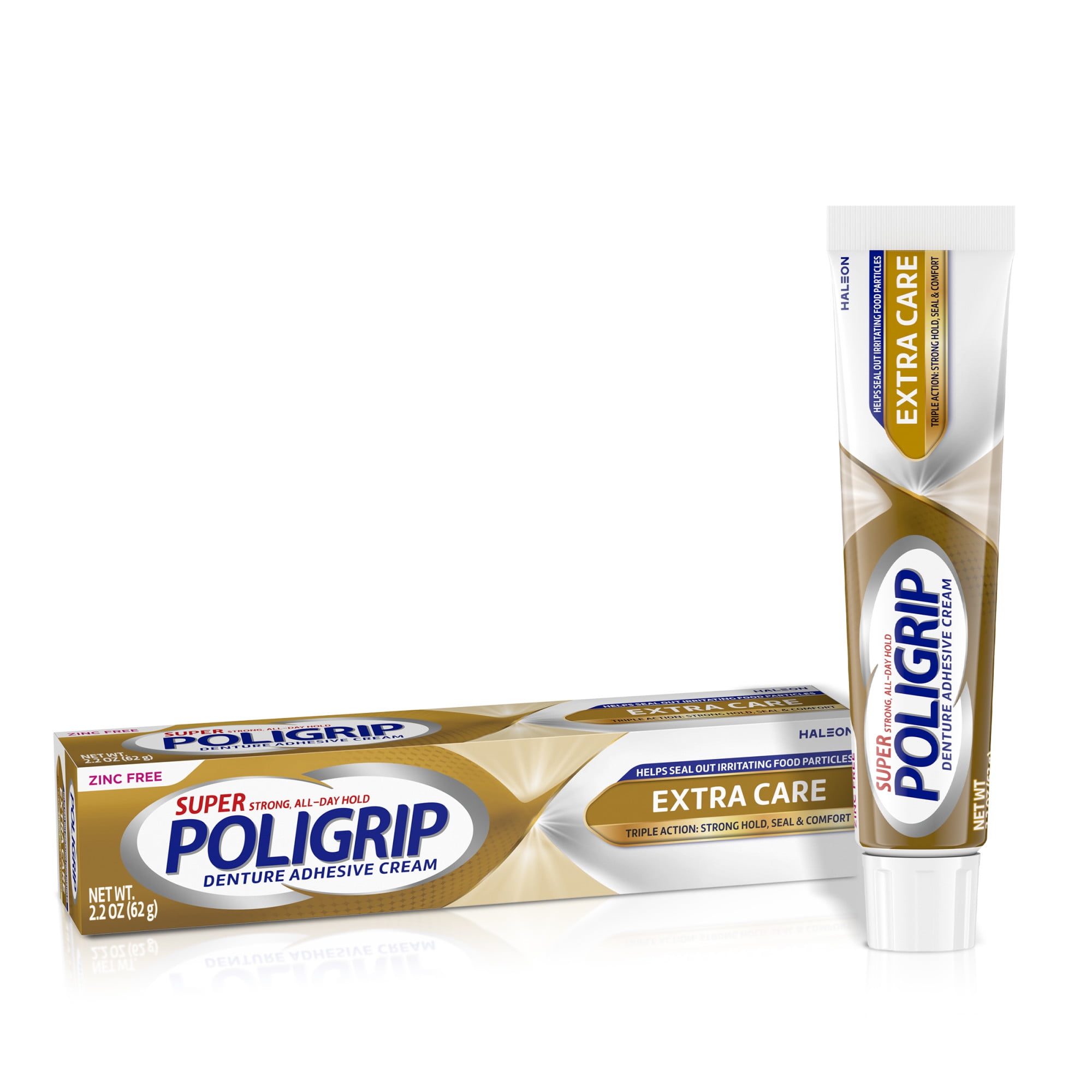 Poligrip Extra Care Denture Adhesive Cream, Flavor-Free, Zinc-Free - 2.2 Oz