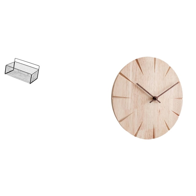 Cesta de almacenamiento colgante,Cesta de almacenamiento para gabinete organizador de pared colgante,Reloj de pared redondo,Reloj de pared de madera maciza para decoración de sala de