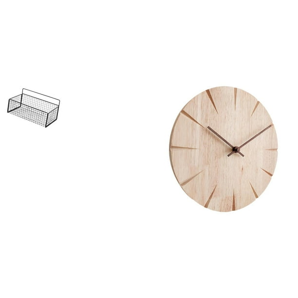 Cesta de almacenamiento colgante,Cesta de almacenamiento para gabinete organizador de pared colgante,Reloj de pared redondo,Reloj de pared de madera maciza para decoración de sala de