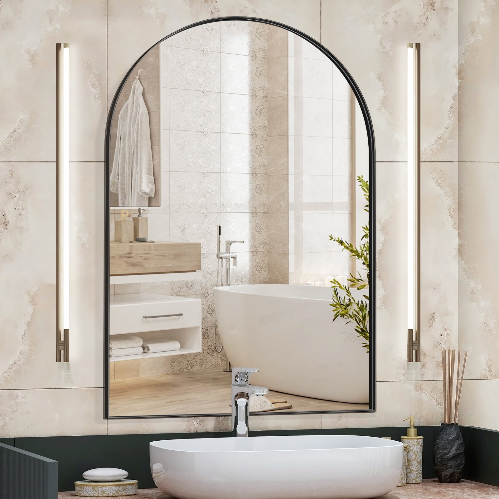Arched Bathroom Mirrors Wall Mirror, Black Frame Arched Mirror with HD