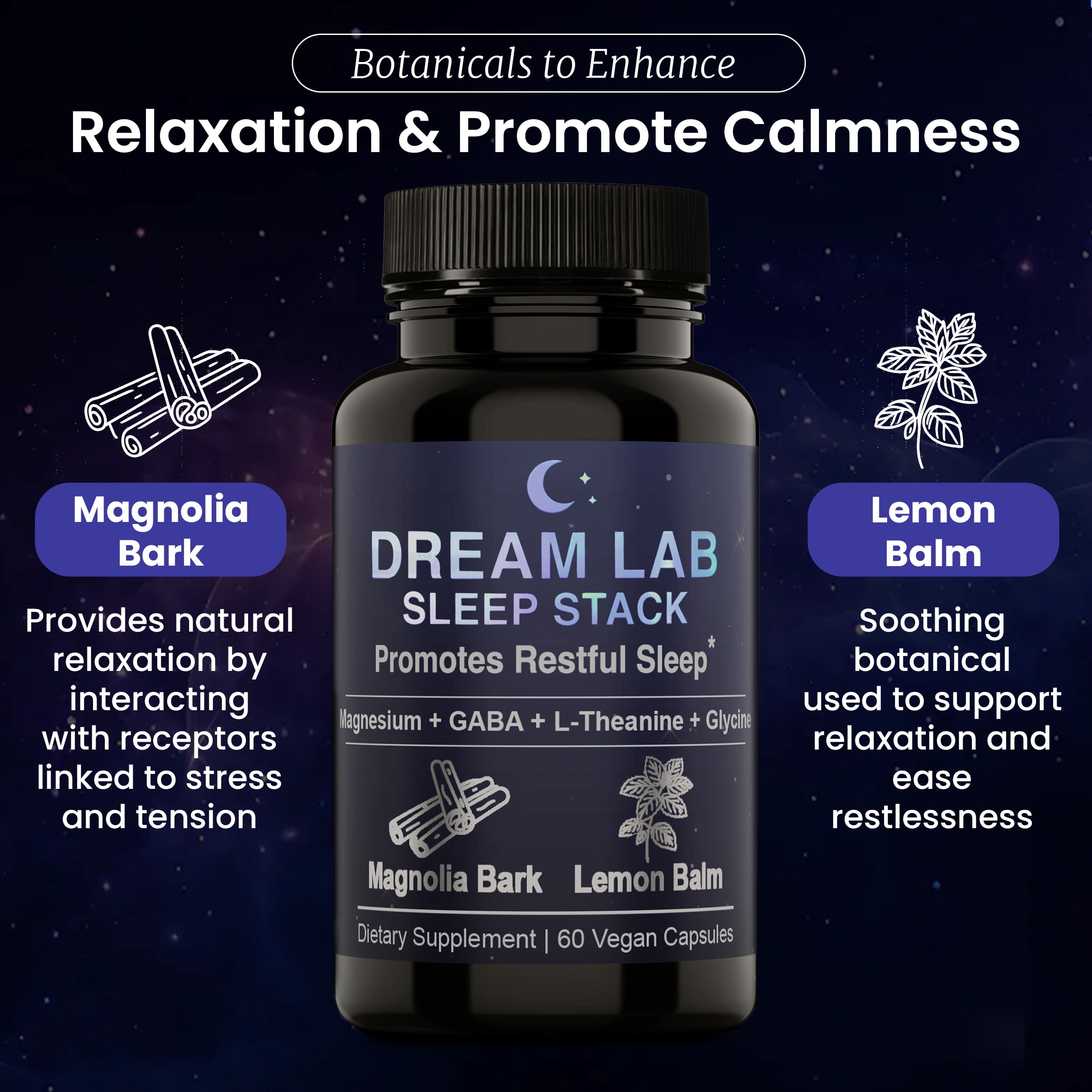 Dream Lab  Supplements - Sleep Stack – Melatonin-Free Sleep Aid Supplement with Magnesium, GABA, L-Theanine, Glycine, Magnolia Bark & Lemon Balm, 60 Capsules