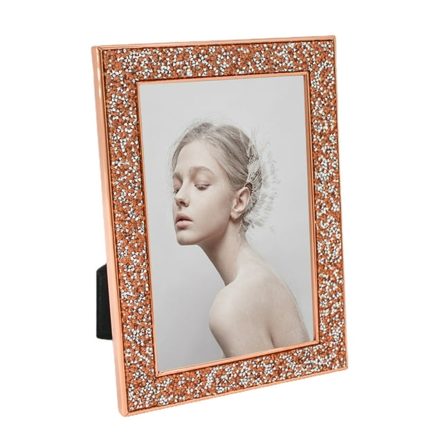 Visland 6 inch Photo Frame Shiny Rhinestone Edge Electroplated Stainless Standing Anti-skid Luxury Oblong Glitter Wall Mounting Table Top Display Picture Display Protection Frame
