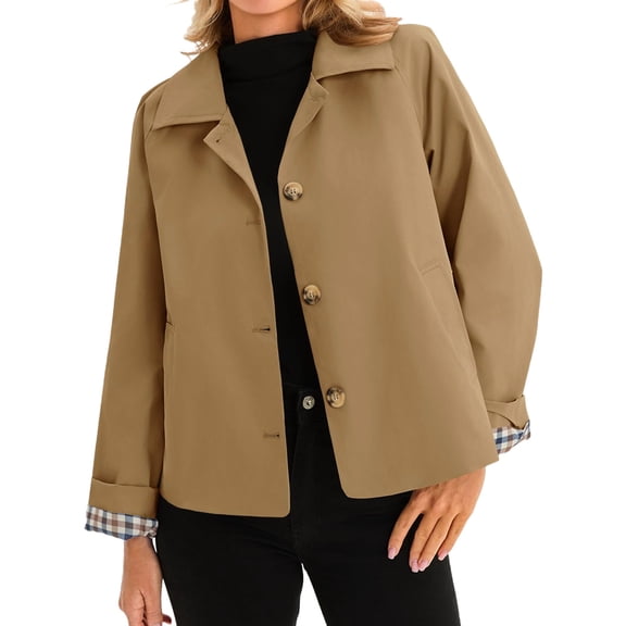 Plaid Patchwork Women Long Sleeve Lapel Single Breasted Jacket Trench Coat