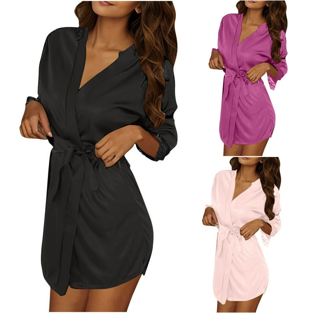 Wensltd 3PC Women Bathrobe Stylish Solid Color Lace Trim Robe Relaxed Fit Sleepwear All Season Home Wear