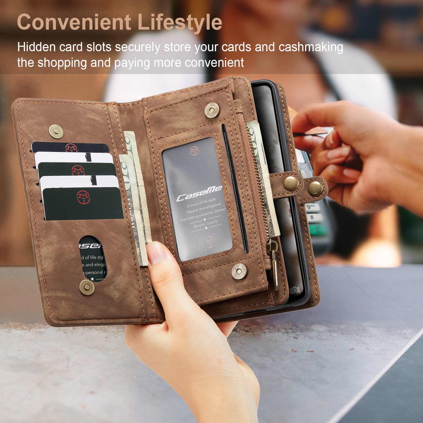 Samsung Galaxy A53 5G Wallet Case for Women Men, Dteck Heavy Duty PU Leather Flip Case Detachable Phone Cover with 8 Card Slots Zipper Purse with Wrist Strap for Samsung Galaxy A53 5G,Coffee