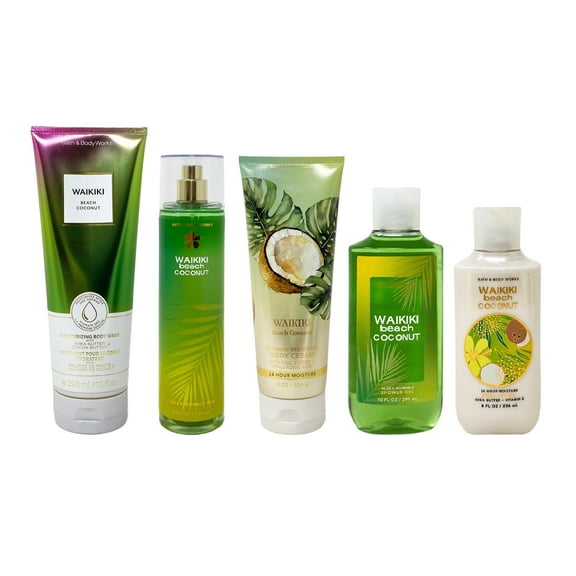 Bath and Body Works Waikiki Beach Coconut Complete Self Care Set - Body Wash - Fragrance Mist - Body Cream - Shower Gel - Body Lotion - Lot of 5