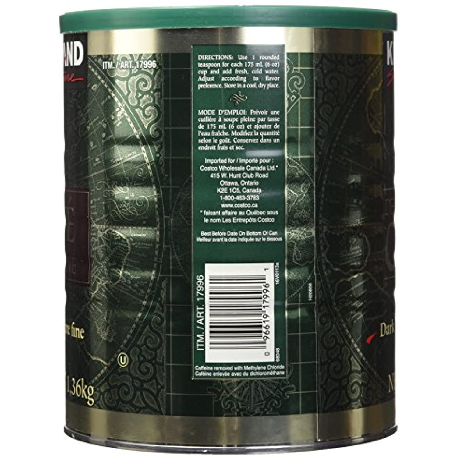 Kirkland Signature 100% Colombian Dark Roast Decaffeinated Ground Coffee - 1.36Kg