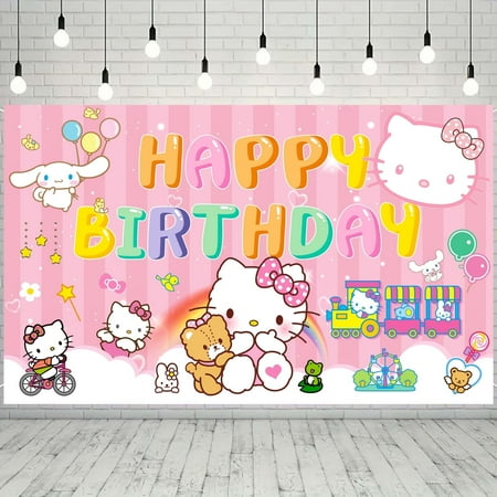 Hello Kitty Party Decorations, 71'' x 43'' Hello Kitty Birthday Backdrop Hello Kitty Happy Birthday Banner Hello Kitty Party Backdrop Hello Kitty Themed Birthday Party Backdrod