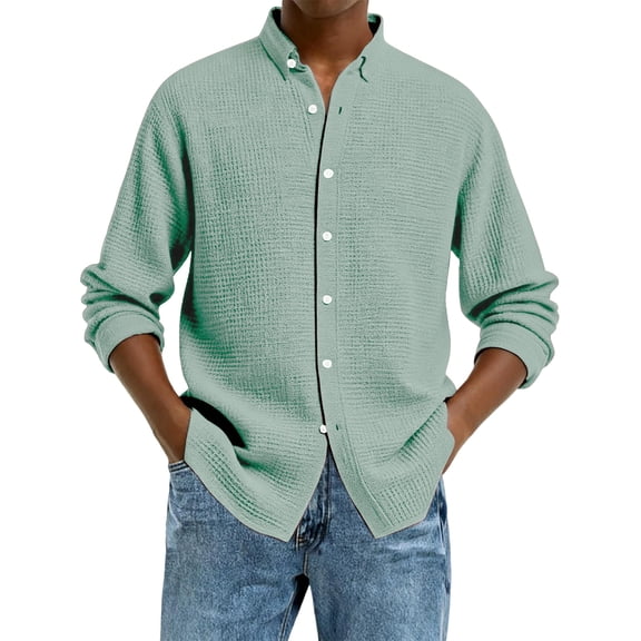 GrmtClth Mens Button Up Shirts Long Sleeve Waffle Textured Casual Shirts Jacket Lapel Cozy Comfy Spring Fall Tops Light Green XXL
